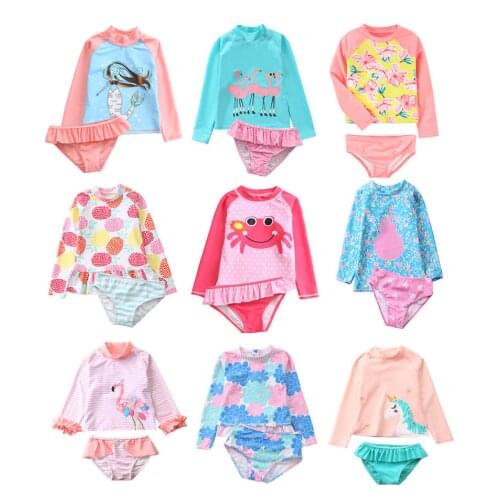 Girls Swimwear Baby Long Sleeve Rash Guard UV Protection Quick Dry Surfing Two Piece Swimsuit Child Sunscreen Beachwear2-7Y