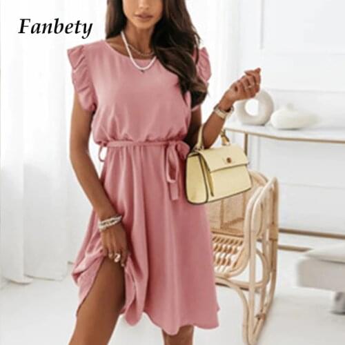 Summer Women Fashion Lace-Up Belted Party Dress Elegant O-Neck Ruffle Sleeve Loose Dress Lady Casual Solid Beach Dress Vestido