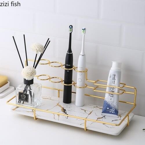 Marbling Rectangular Metal Rack Bathroom Electric Toothbrush Holder Bathroom Shelf Desktop Cosmetic Storage Organizer Home Tray