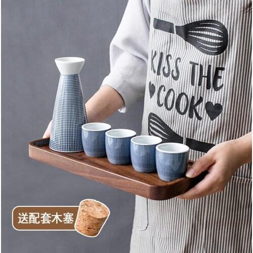Japanese ceramic wine cup set household sake bottle liquor pot distributor wineware wood tray plate fine rice white wine