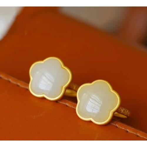 Natural Hetian jade flower opening adjustable ring Chinese style retro minority design elegant womens Christmas silver jewelry