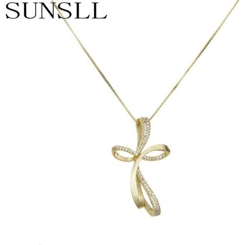 SUNSLL New design gold copper white imitation ribbon cross necklace ladies fashion party exquisite three-dimensional necklace