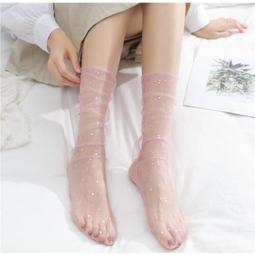 Japanese Transparent Moon Star Lace Sock Pink Fairy Soft Transparent Socks Sequins Tube Socks Girls Cute Socks Korean Fashion