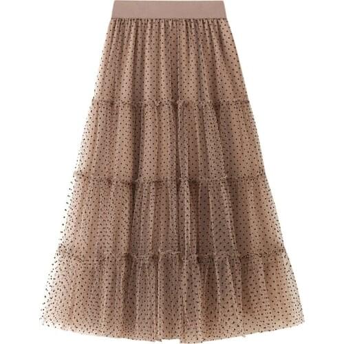 New Polka Dot Spring Summer Tulle Skirt Women Casual High Waist Mesh Pleated Skirts Female Party Beach Midi Long Maxi Skirt Lady