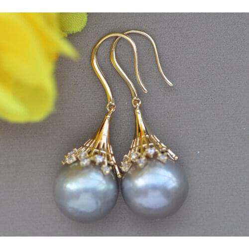 Z10942 13mm Gray Round Edison Keshi Pearl Dangle Earring CZ