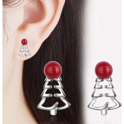 KOFSAC Fashion 925 Sterling Silver Earrings For Women Simple Sweet Cute Red Pearl Christmas Tree Earring Jewelry Girl Best Gifts