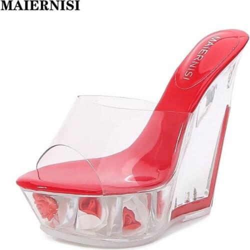 MAIERNISI High Heels Slippers Women Transparent Flowers Platform Fashion Ladies Slides Non-slip Wedges Slippers Shoes For Women