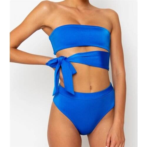 2020 Sexy Blue Tube top Bikini Women Swimwear Female Swimsuit Green Winding tie Bikini set Brazilian Bather Bathing Swim Suit