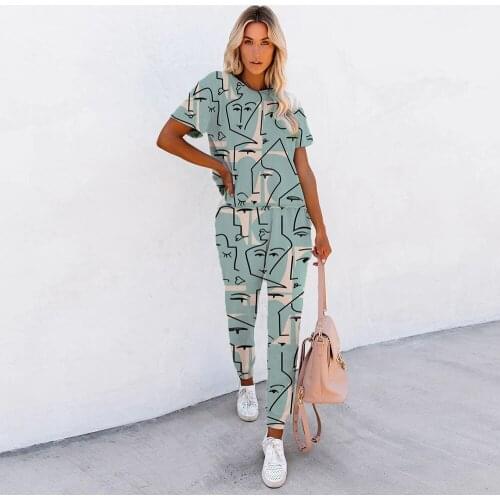 2021 Summer Women O-neck Short Sleeve Print T-shirt Top+Elastic High Waist Slim Trousers Casual 2 Piece Set Tracksuit Streetwear