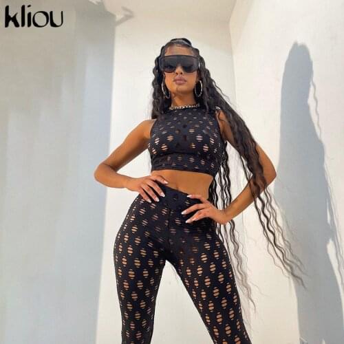 Kliou See Through Hollow Out Two Piece Sets Sexy Women Streetwear Short Sleeve Top+Leggings Skinny Slim Net Plaid Hole Set