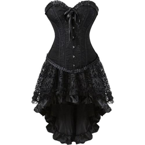 Womens overbust gothic corset dress sexy jacquard vintage black corset with skirt plus size S-6XL