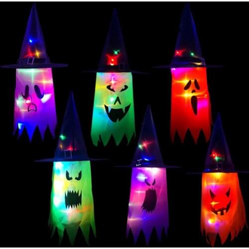 6pc/lot Glow In The Dark Halloween Decoration Home Horror Lighted Witch Hat DIY Hanging Pendants Glowing Ghost Ornaments Gift