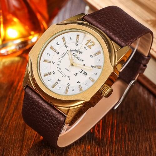 Designer Gold Watch Men Leather Strap Casual Mens Quartz Watches Man Waterproof Date Military Relogio Masculino Cagarny XFCS