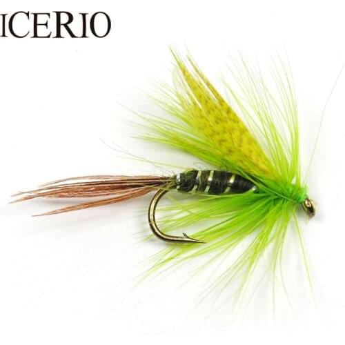 ICERIO 12PCS Silver Rib Body Green Wing Wet Flies Fly Trout Fishing Lures #10