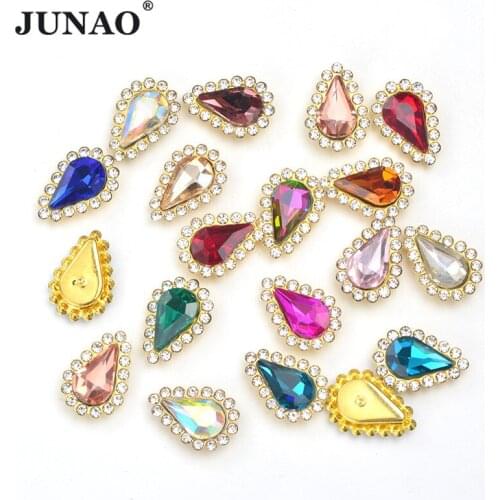 JUNAO 30pcs 8*13mm Colorful Drop Sewing Rhinestones Gold Claw Settings Glass Stones Flatback Crystals Strass Applique for Crafts