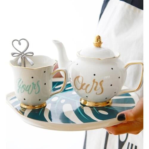 Ceramic Coffee Cup Saucer Set Tea Pot Gold Edge Coffee Mug Flower Teapot With Handle Reusable Latte Cappuccino Kitchen Supplies