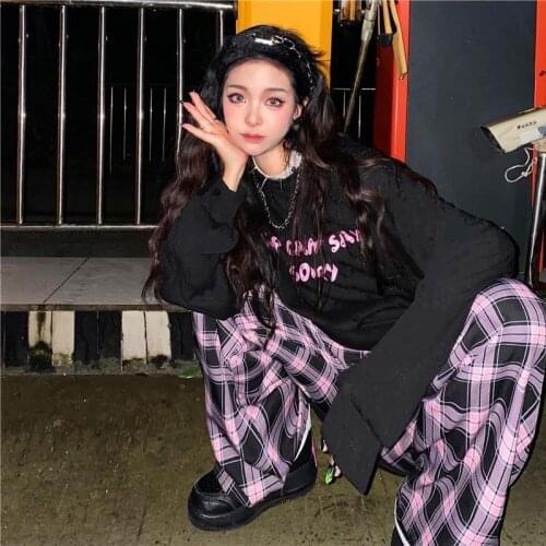 Plaid pants ins female style loose wild trend female students Korean wide-legged thin high-waist plaid pants y2k Womens pants