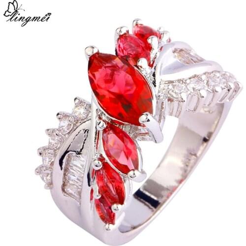 Lingmei Fascinate Women Wedding Bands Pink Tourmaline Green White CZ Silver Color New Ring Size 6-9 10 Bridal Engagement Jewelry