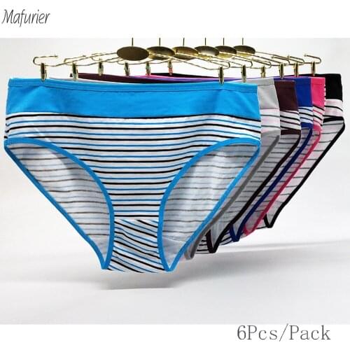 Mafurier Plus Size 2XL/3XL/4XL Fashion Striped Underwear Womens Sexy Panties Large Size Lady Mummy Pants Cotton Briefs 6Pcs/Lot