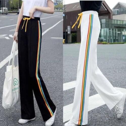 Fashion Rainbow Side Stripe Sweatpants Women Casual High Waist Wide Leg Pants 2021 New spring Straight Leg Sweat Trousers
