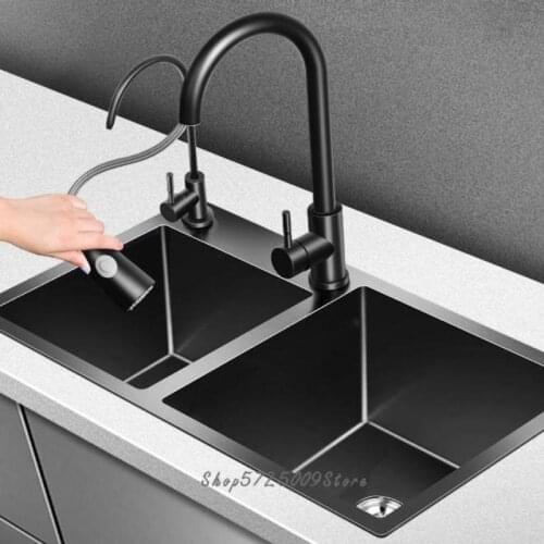 Nano Non-stick Oil, Left Small Right Big Black Sink, Double Tank Stainless Steel Kitchen Sink, 304 Manual Sink
