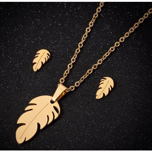 Oly2u Vintage Delicate Palm Leaf Stainless Steel Jewelry Sets Punk Feather Choker Pendant Necklace Collares Women Gift Wholesale