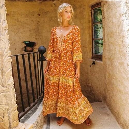 Summer V-neck Maxi Dress Women Floral Print High Waist Long Dresses Female Elegant Vintage Boho Bohemian Vestidos Mujer Robe