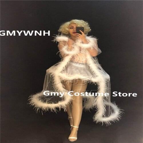 R83 White feather coat female ballet skirt singer performance show dress outfits dj cloak prom dance costumes bar clothe diamond