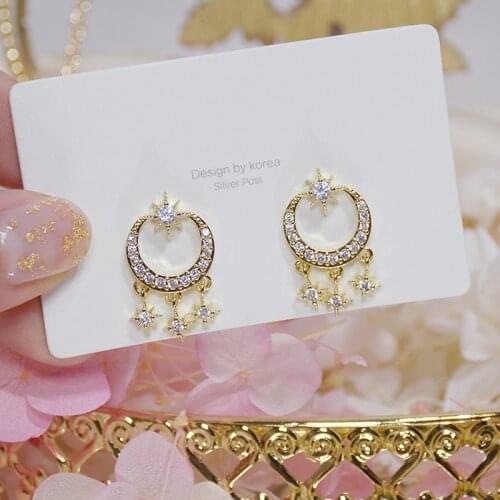 14k Real Gold Shining Tassel CZ Crescent Moon Earring For Women Charm Micro Inlaid Zircon Stud Earring Fashion Accessories