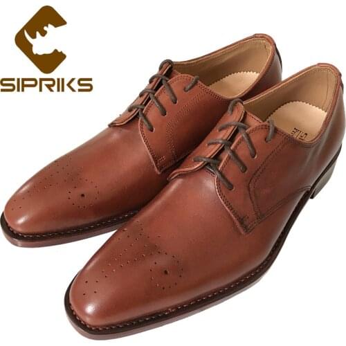 Sipriks Mens Brown Leather Dress Shoes Italian Bespoke Goodyear Welted Shoes Hand Painted Tan Medallion Formal Derby Shoes 2018