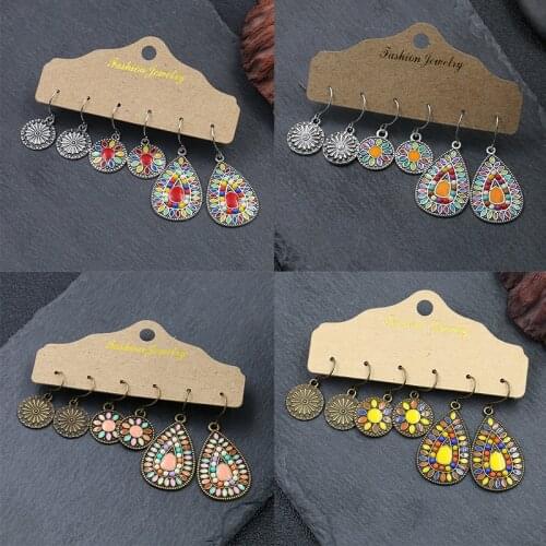 Vintage Round Water Drop Earrings Set for Women Boho Ethnic Style Colorful Drop Oil Dangle Earrings Personality Jewelry Brinco