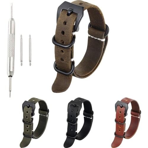 20mm 22mm 24mm Distressed Vintage Handmade Crazy Horse Leather Strap for 3-Ring Zulu NATO Replacement Watch Band Black Buckle