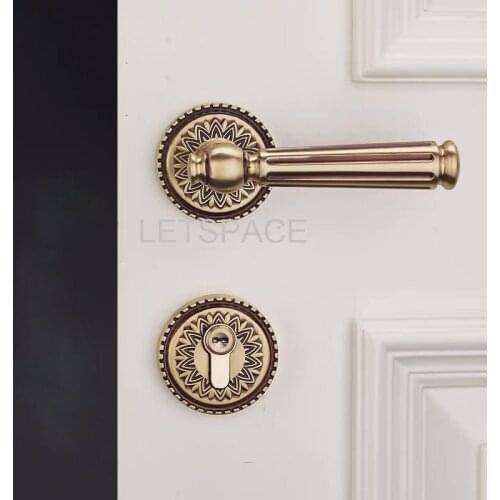 High-top European Indoor wooden hardware door Pure Copper Lock Yellow brass Bedroom Handles Mechanical Mute Split Lock Keys 85mm