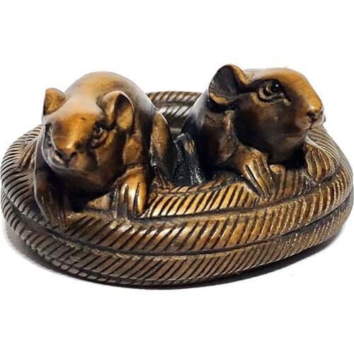 Y6851 - 2" Hand Carved Japanese Boxwood Netsuke Figurine Carving: 2 Mice