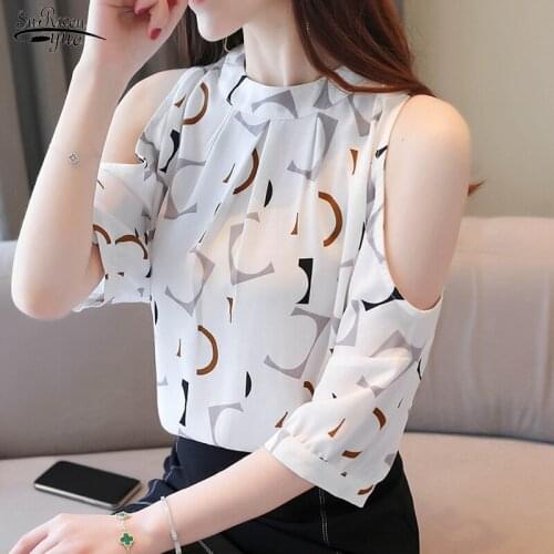 2021 Summer Off Shoulder Chiffon Shirt Women Casual Korean Style Loose Print Blouse Women O Neck Short Sleeve Lady Tops 9499 50