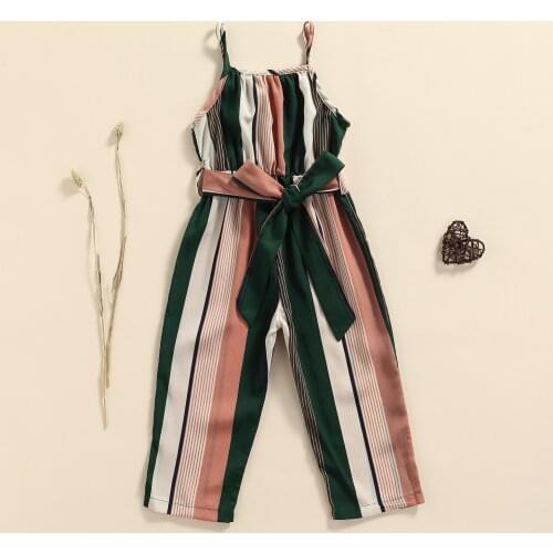 FOCUSNORM 1-6Y Summer Fashion Kids Girls Jumpsuits Pants Colorful Striped Printed Sleeveless Playsuits With Bow Belt