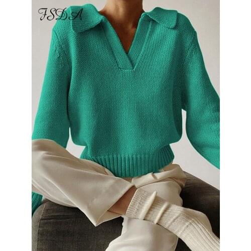 FSDA Green Long Sleeve Sweater Knitted Women V Neck Autumn Winter 2021 Fashion Pullover Casual Black Top