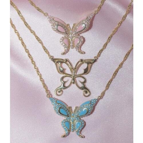 Gold Color Blue Pink CZ Enamel Mix 2021 New Butterfly Pendant Necklace For Women