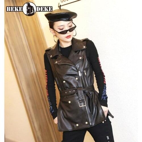 Autumn Winter Sheepskin Waistcoat Ladies Lapel Zippers Slim Fit Mid-Length Motorcycle Vests Women Real Leather Sleeveless Jacket