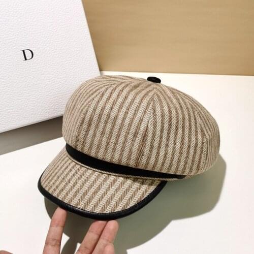 2021 Autumn Winter Octagonal Hats For Women Fashion Casual Berets Retro Striped Painter Hat Female Literature Art Peaked Cap