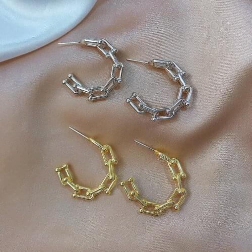 925 silver Needle Retro Geometric Small Chain Hoop Earring Korea Cold Wind Metal Earrings Fashion Personality Earrings Women