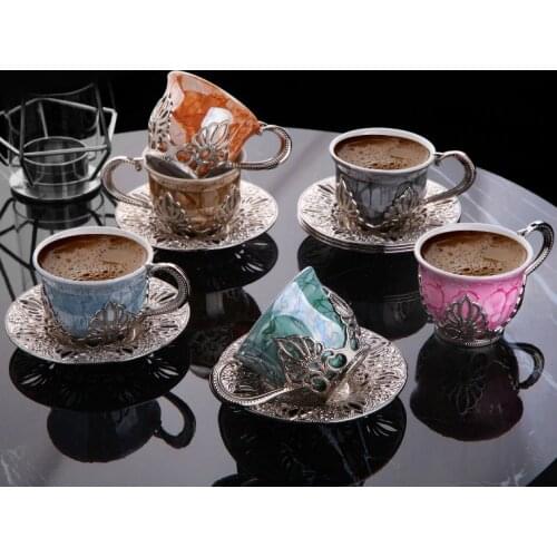 Turkish Coffee Cups Set of 6 and Saucers - Espresso Mugs with 2.3 oz with Large Handle Arabic Decor Style (Silver Saucers)