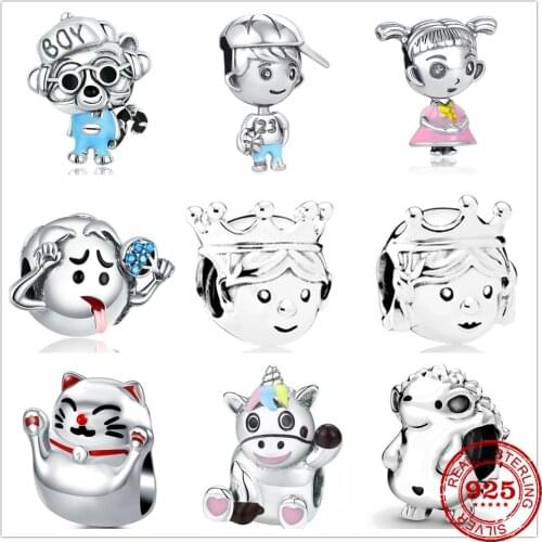 Hot sale 925 Sterling Silver doll boy and girl monkey Safety Chain Beading Pandora Charm Original Bracelet DIY Jewelry For Women