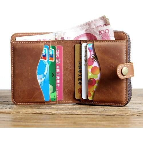 Genuine Leather Wallet For Men Male Vintage Handmade Crazy Horse Cowhide Short Bifold Purse Card Holder With Zipper Coin Pocket