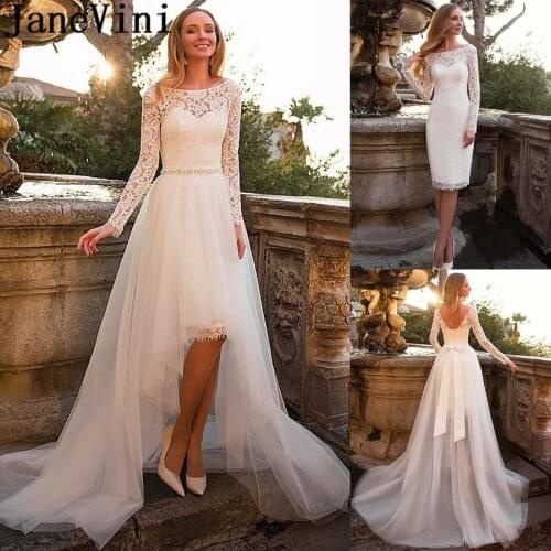 JaneVini 2 In 1 Lace Wedding Dresses With Detachable Train Tulle Long Sleeve High Low Beaded Belt 2 Pieces Bridal Dress Hochzeit