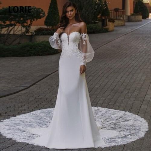 LORIE Boho Puff Sleeve Wedding Dresses Off the Shoulder Lace Elastic Chiffon Mermaid Wedding Gown Bridal Dress abito da sposa
