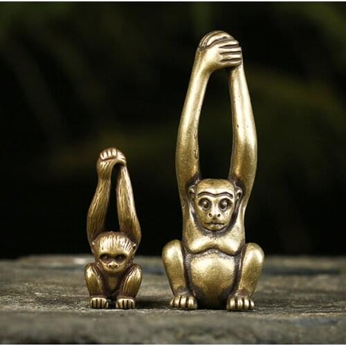 Pure Copper Solid Long Arm Monkey Miniature Figurines Feng Shui Pendant Jewelry Vintage Brass Animal Ornament Keychain Hanging