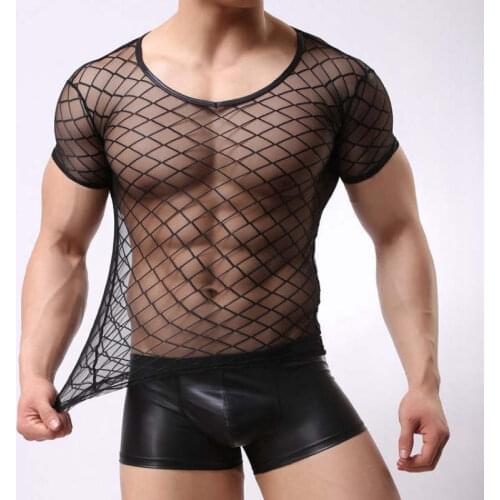 Mens Casual Grid Tops Non-Mainstream Club See-Through Blouses Argyle Mesh Short-Sleeved Transparent TShirt Sexy Short-T-Shirt