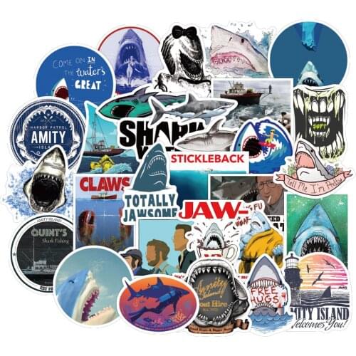 50PCS Movie JAWS Sticker PVC Ocean Animal Great White Shark Decal Stickers to DIY Motorcycle Helmet Laptop Bike Suitcase Guitar