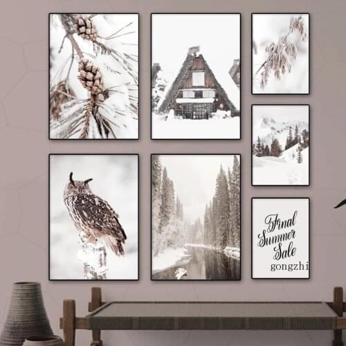 Snow Mountain Forest House Owl Pine Nuts Nordic Posters Landscape Canvas Painting Prints Wall Art Pictures for Living Room Decor